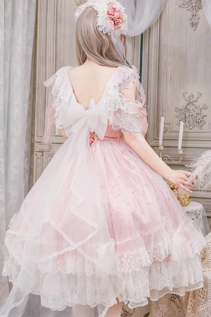Blush Off-Shoulder Ruffle Hanayome Bow Lace Elegant Dress - Glazed Phantom