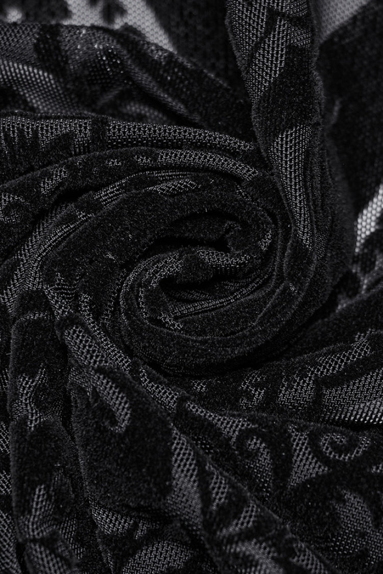Sheer Mesh Lace-Up Embroidered Gothic Skirt for Women in Black