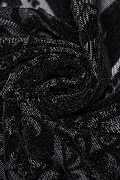 Sheer Mesh Lace-Up Embroidered Gothic Skirt for Women in Black