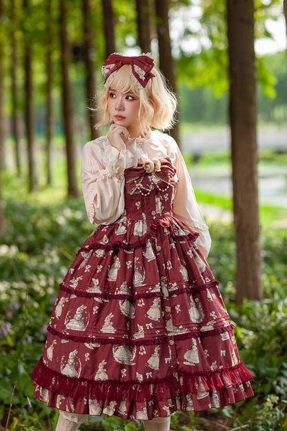 Multi-Layer Ruffle Sweet Elegant Lolita JSK Dress with Rabbit Dance Print - 4 Colors
