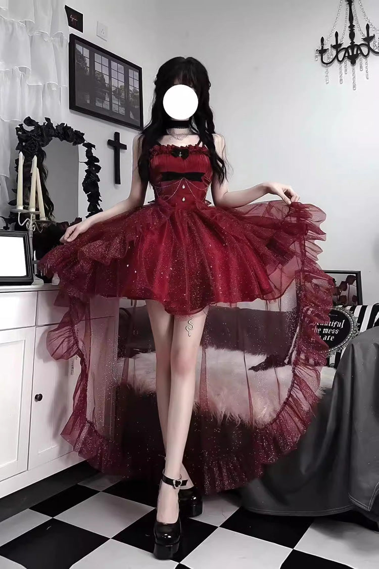 Crimson Gorgeous Lolita JSK Dress with Shiny Bow and Train