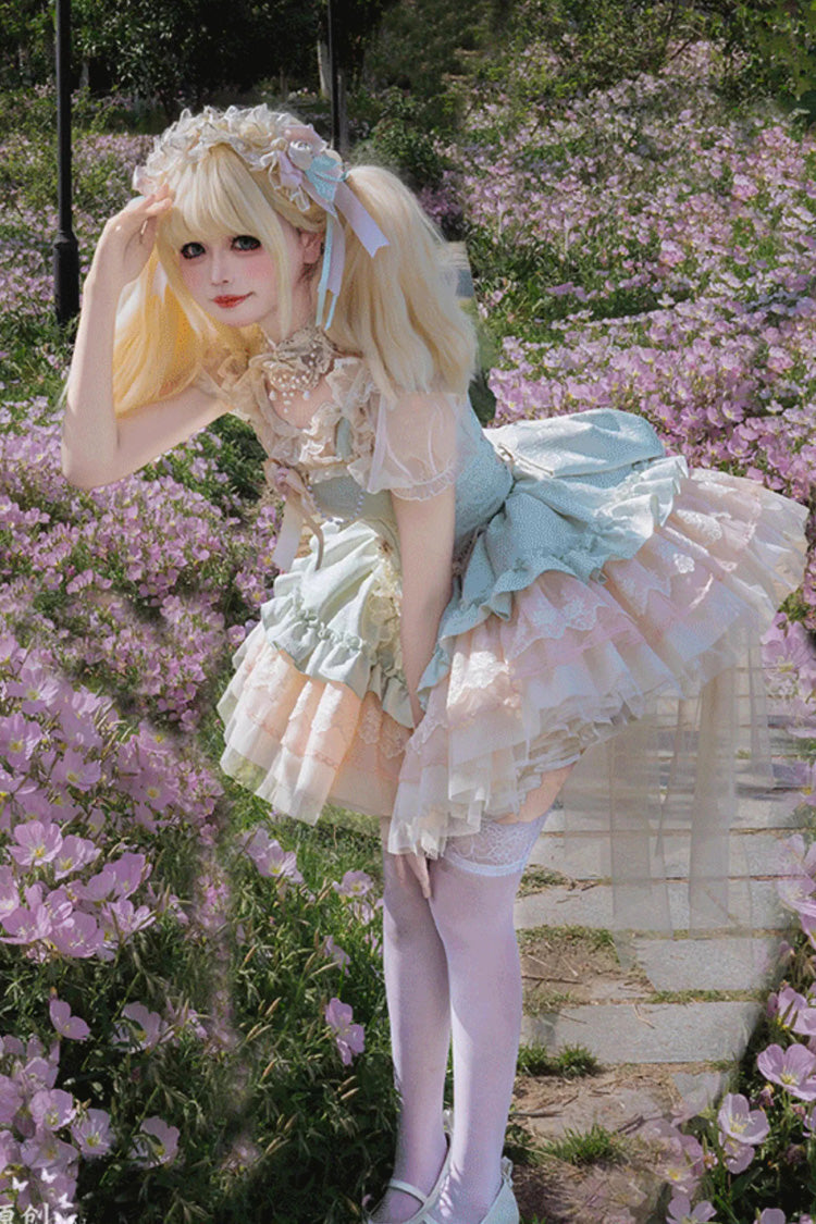 Emerald Sleeveless Multi-Layer Ruffle Bow Lace Slim Sweet Ballet Lolita Jumper Dress