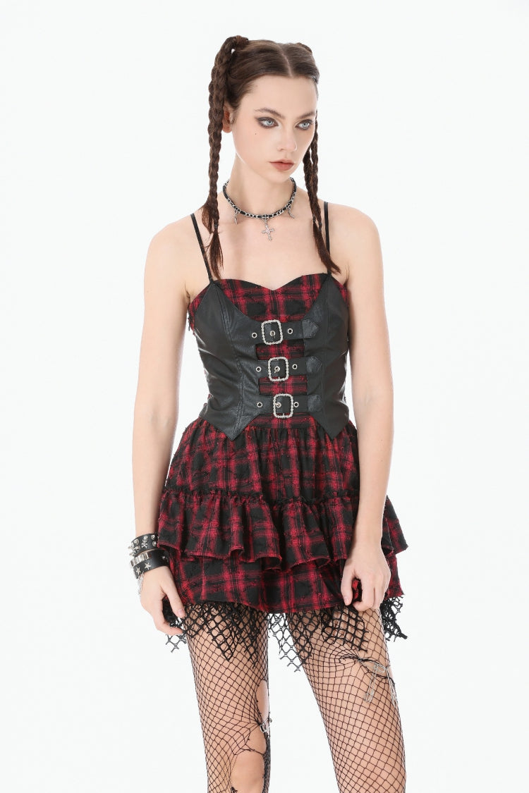 Crimson & Charcoal Tartan Leather Multi-Tier Ruffled Punk Sweetcore Slip Dress