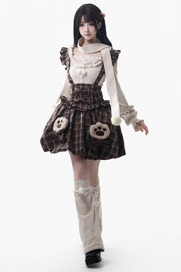Fluffy Bear Plaid Ruffle Bow Sweet Lolita Strap Dress