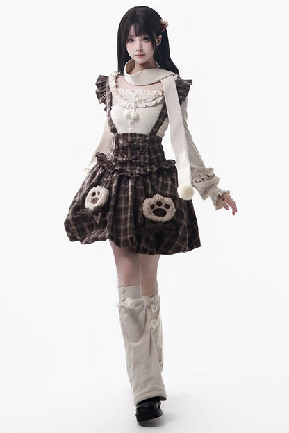 Fluffy Bear Plaid Ruffle Bow Sweet Lolita Strap Dress