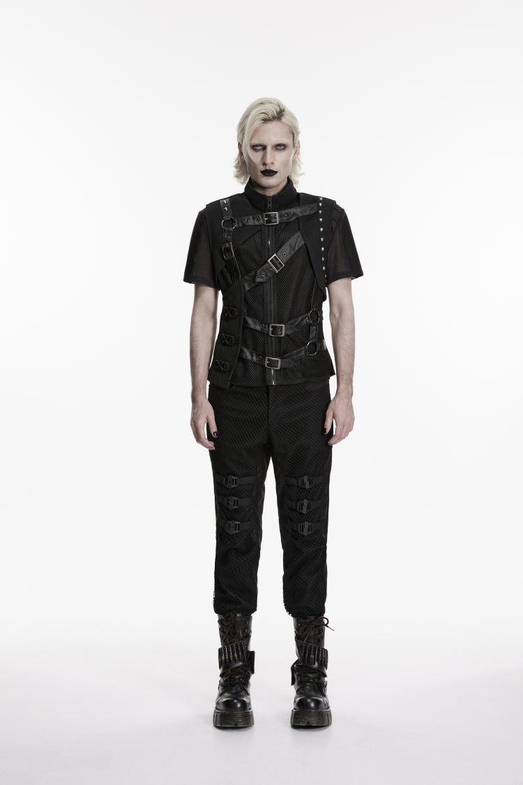 Cool Men's Black Punk Vest, Asymmetric with Studs and Buckles