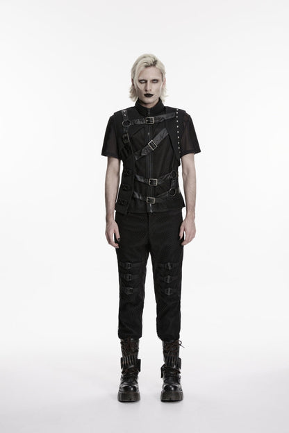 Cool Men's Black Punk Vest, Asymmetric with Studs and Buckles