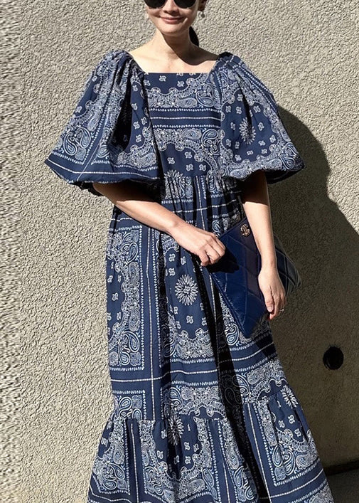 Robe élégante en coton imprimé bleu marine à col carré et manches bouffantes QP039 