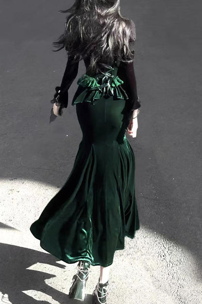 Emerald Ruffle Embroidery Slim Elegant Lolita Jumper Fishtail Gown