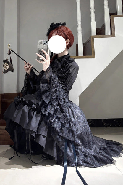 Gothic Lolita Skirt Dress Set with Long Hime Sleeves and Bow in Black