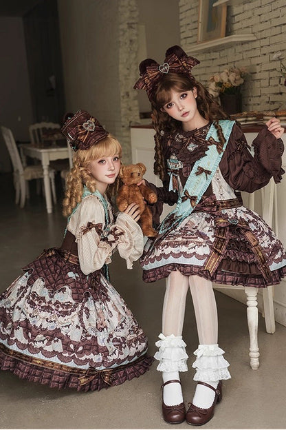 Teddy Bear Chocolate Asymmetric Lolita Strap Dress with Bow - Sleeveless