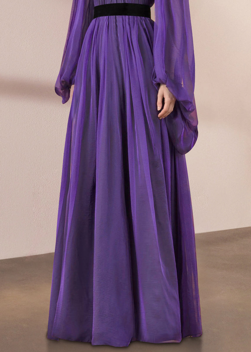 Stand Silk Wrinkled Italian Purple Long Dresses Lantern Collar