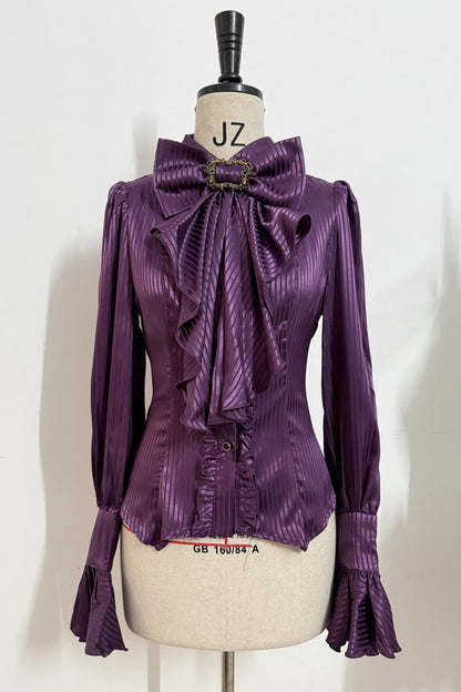 Lapel Collar Long Sleeve Striped Print Ruffle Ouji Gothic Blouse