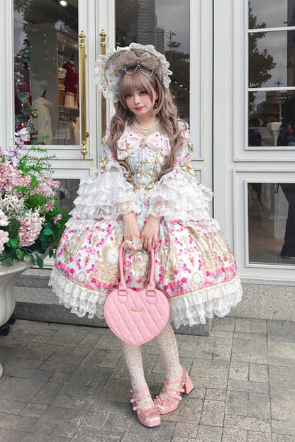 Square Collar Long Trumpet Sleeve Printed Ruffled Bow Lace-Up Sweet Lolita Dress in Mint Green/Pink - Rose Garden Prelude
