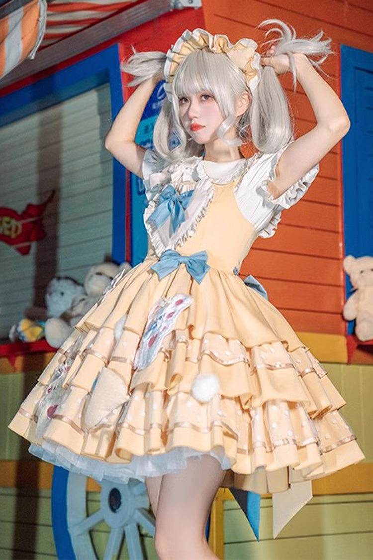 Bear Cheese Multi-Layer Print Ruffle Bow Sweet Lolita Dress