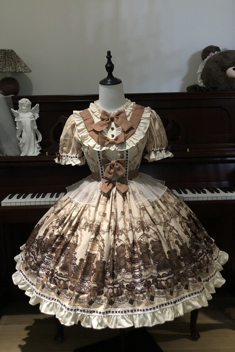 Teddy Bear Party Round Collar Printed Sweet Lolita Dress - Ruffled Bow