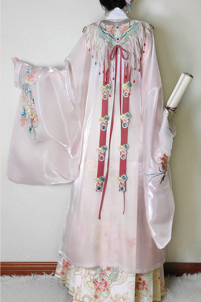 Blush Round Collar Long-Sleeve High-Waist Printed Embroidered Hanfu Set - Fragrant Flower Rain