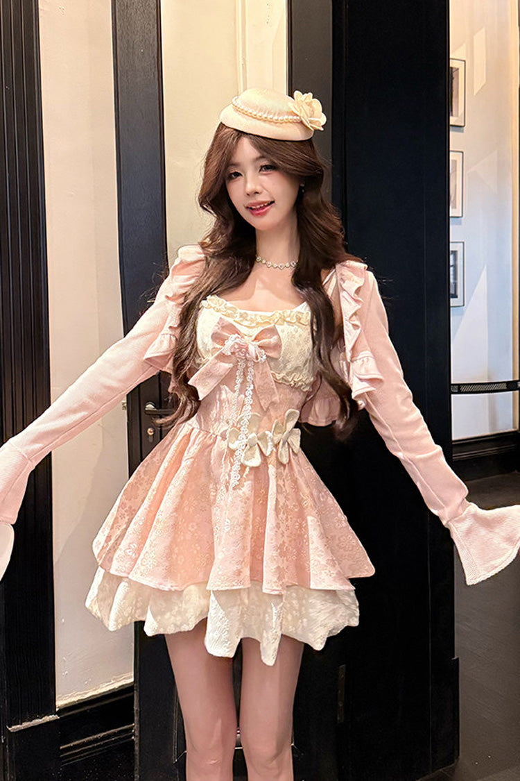 Blush Square Collar Long-Sleeve Printed Ruffle Bow Dress with Cardigan - Honeyed Blossoms
