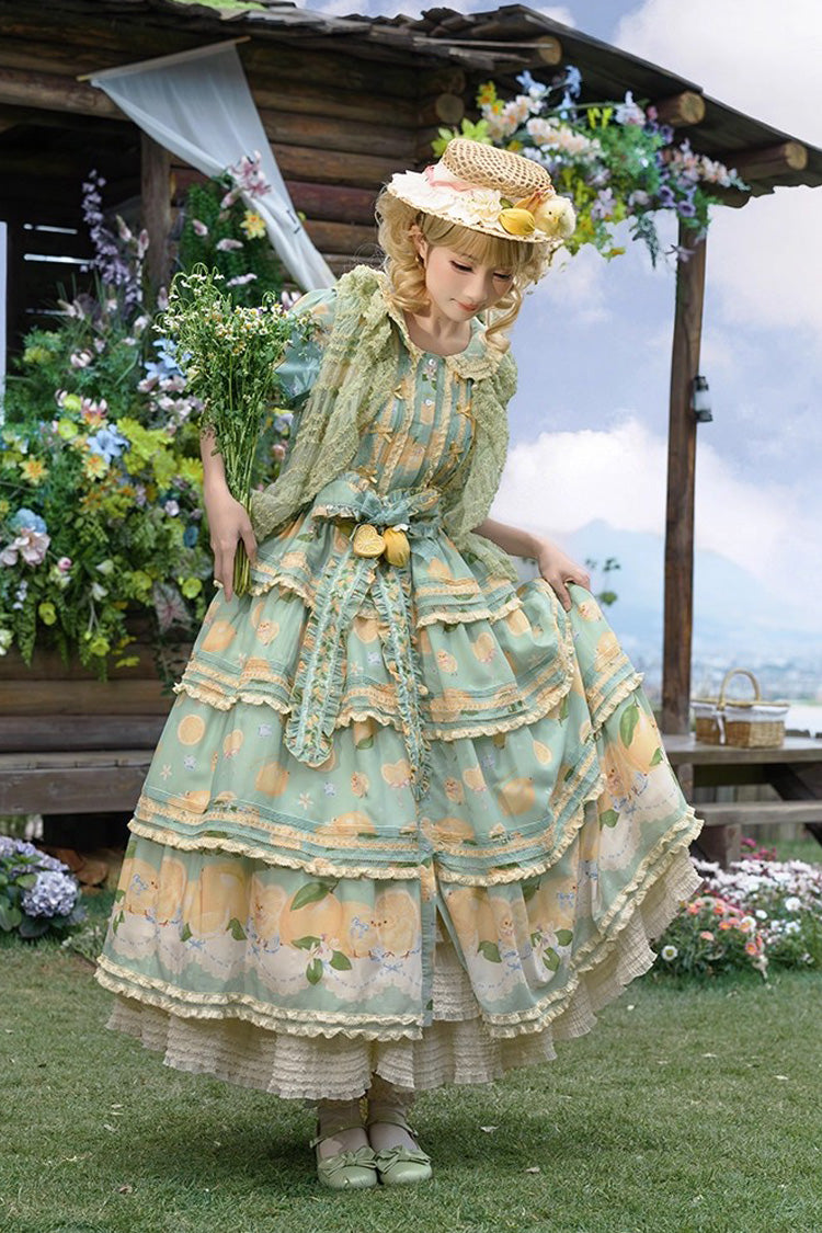 Emerald Lemon Chicken Triple-Layer Ruffle Bow Lace Gorgeous Dress