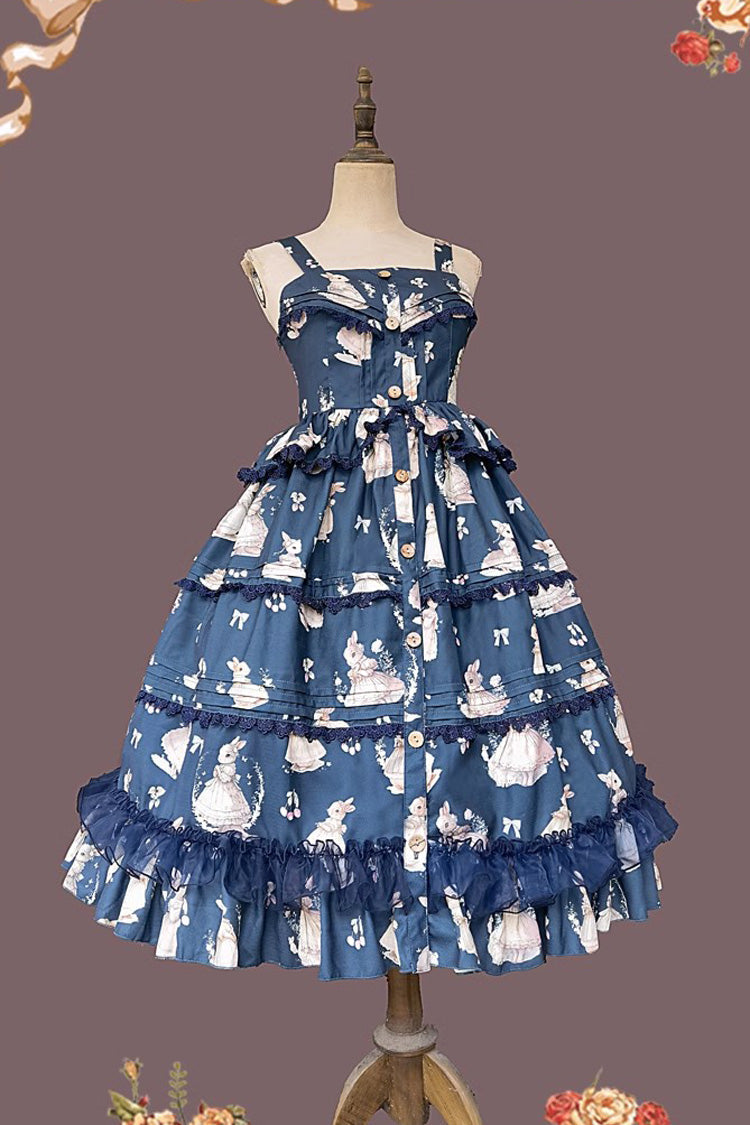 Multi-Layer Ruffle Sweet Elegant Lolita JSK Dress with Rabbit Dance Print - 4 Colors