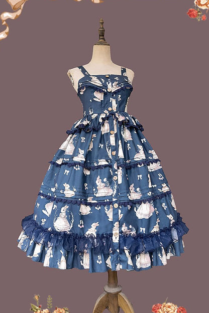 Multi-Layer Ruffle Sweet Elegant Lolita JSK Dress with Rabbit Dance Print - 4 Colors