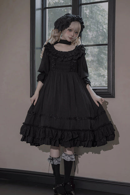 Ebony Short-Sleeve Ruffle Bow Lace-Up Gothic Dress - Good Morning