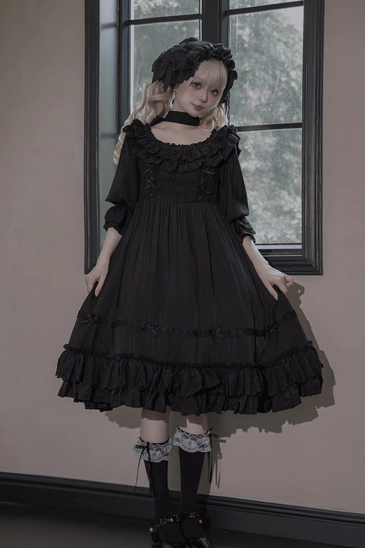 Ebony Short-Sleeve Ruffle Bow Lace-Up Gothic Dress - Good Morning