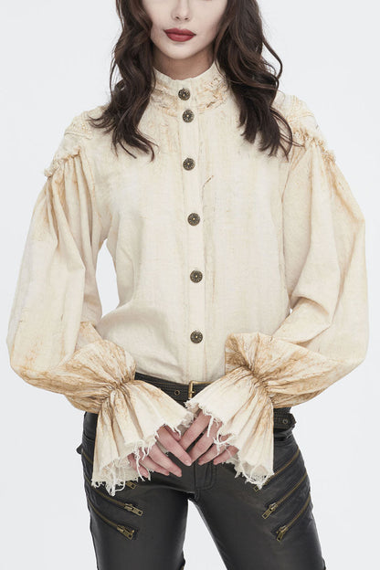 Punk Women's Blouse with Lantern Sleeves, Stand Collar & Printed Lace