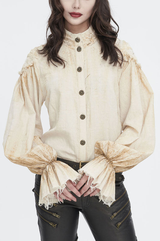 Punk Women's Blouse with Lantern Sleeves, Stand Collar & Printed Lace