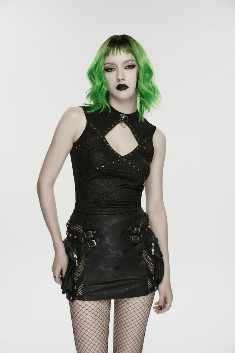 No-Sleeve Ripped Studded Zippered Punk Waistcoat