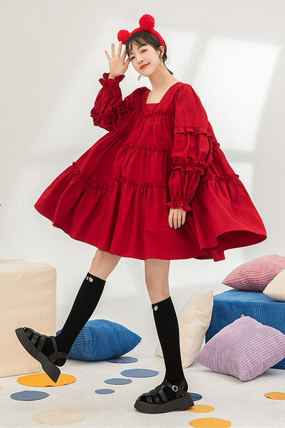 Crimson Square-Neck Sweet Lolita OP Dress with Ruffles and High Waist