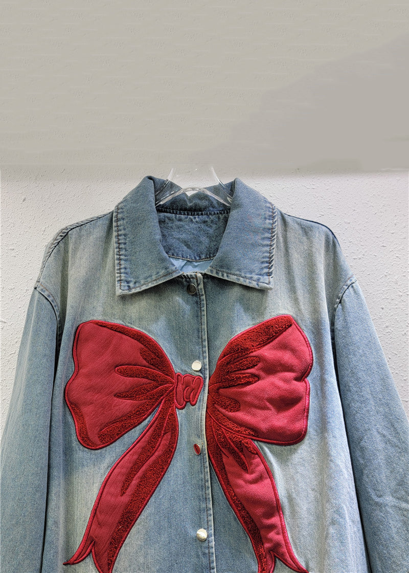 Denim Peter Pan Spring Coat New Button Collar Bow Blue
