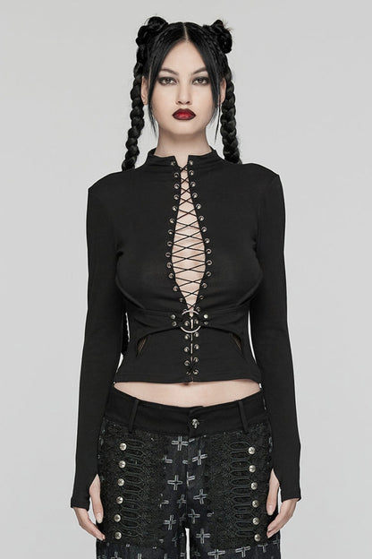 Ebony Long-Sleeve Lace-Up Sheer Punk Blouse
