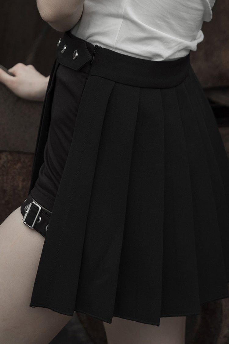 Women's Punk Skirt with Side Metal Buckle and Pleated Faux Two-Piece Cut