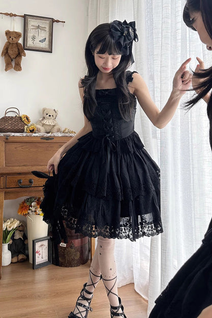 Ebony Embroidered Bow Lace-Up Slim Suspender Top - Forest Waltz