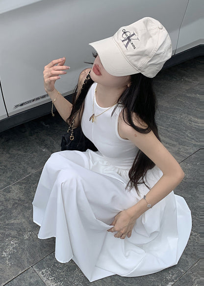 Cotton White Holiday Sleeveless Fit Silm Dress Patchwork