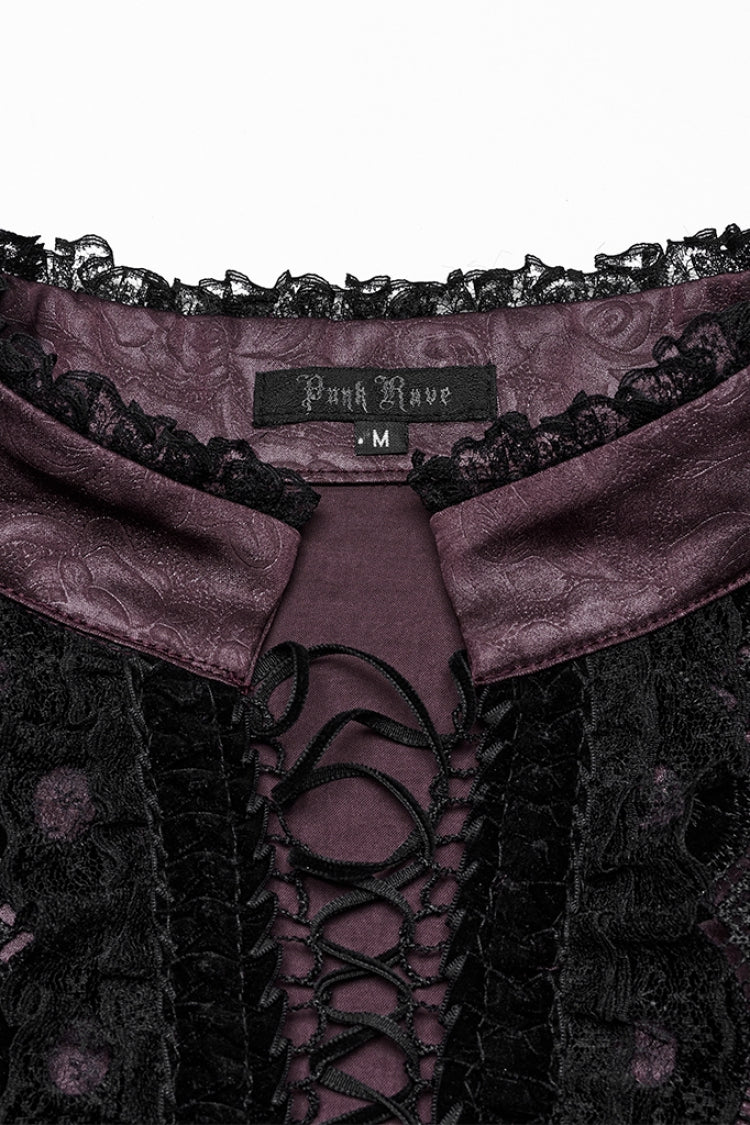 Crimson High-Neck Gothic Ruffled Rose Blouse with Lace-Up Plunge