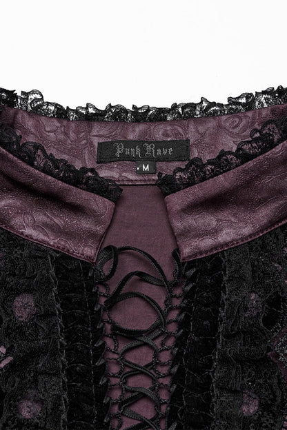 Crimson High-Neck Gothic Ruffled Rose Blouse with Lace-Up Plunge
