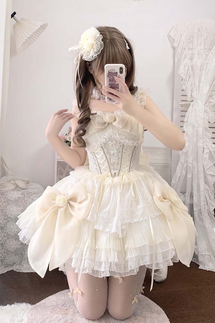 Sweet Princess Lolita JSK Gown with Multi-Layer Ruffles, Hanayome Bow & Lace-Up