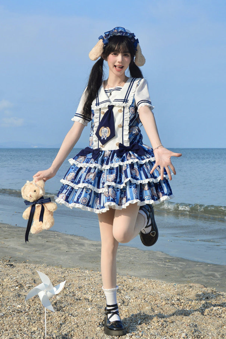 Glory of the Dog Navy Collar Low Waist Printed Ruffle Dress