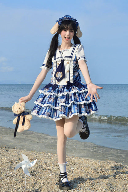 Glory of the Dog Navy Collar Low Waist Printed Ruffle Dress