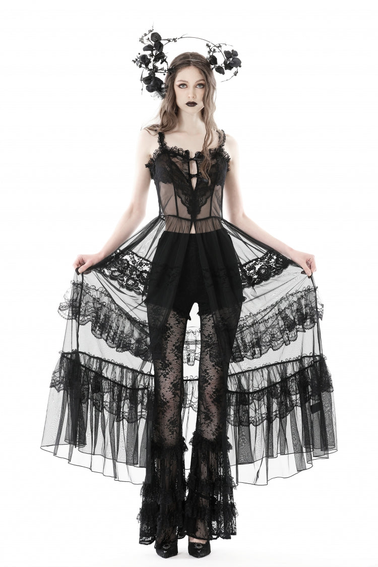 No-Sleeve Layered Lace Sheer Mesh Gothic Slip Gown