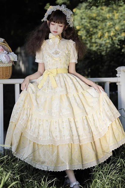 Multi-Layer Sunflower Print Ruffle Embroidery Chinese Sweet JSK