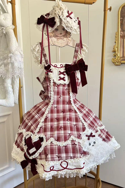Crimson Square-Neck Sweet Lolita JSK Set with Plaid and Lace