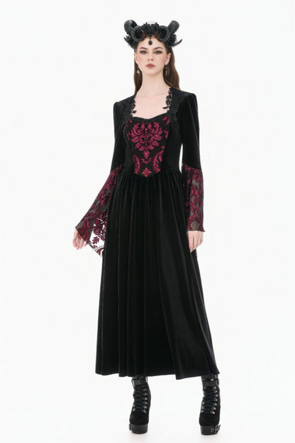 Crimson & Obsidian Square Collar Long Flare Puff Sleeves Lace Victorian Velvet Long Dress