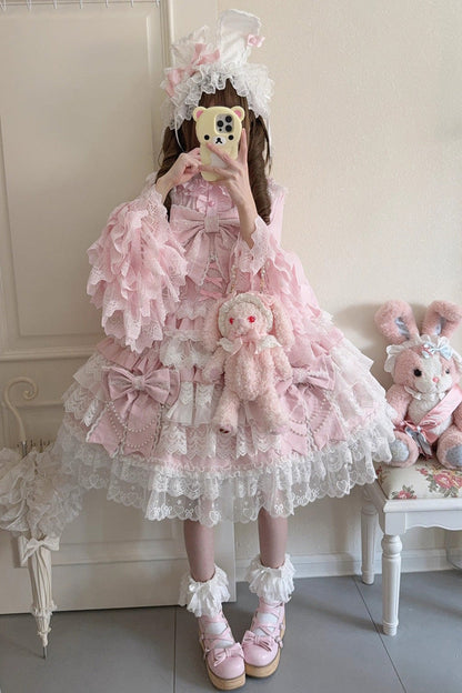 Blush Sleeveless Multi-Tier Ruffle Hanayome Cardigan Bow Lace-Up JSK - Knot of the Crossed Heart
