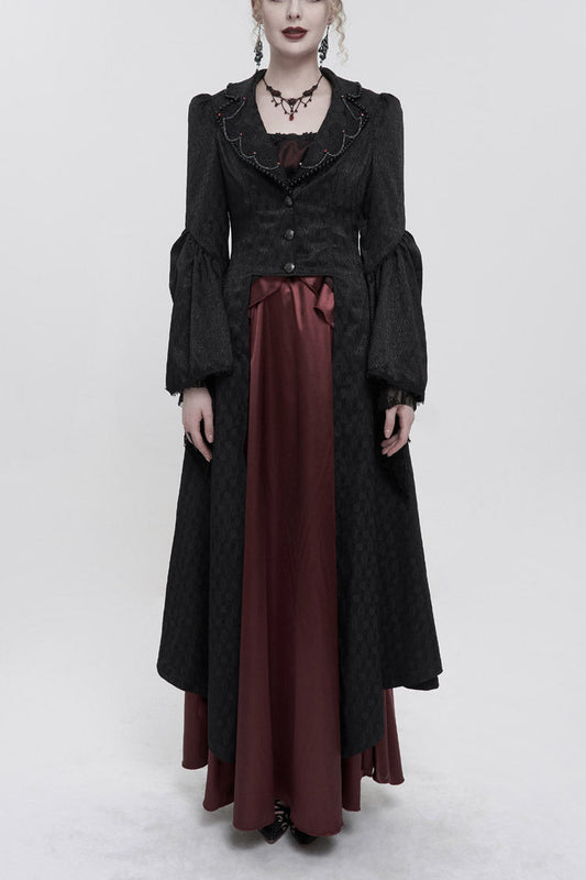 Women's Gothic Long Coat with Bead Chain Trim and Lace Cuffs in Black Jacquard