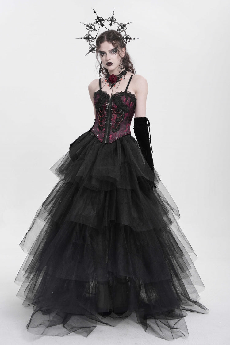 Crimson Gothic Vest with Embroidery Lace and Chain Details