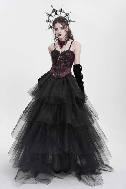 Crimson Gothic Vest with Embroidery Lace and Chain Details