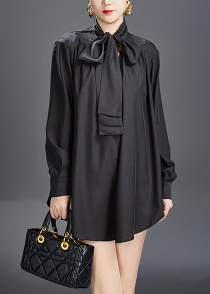 Stylish Black Bow Solid Cotton Fall Blouses AJ1014